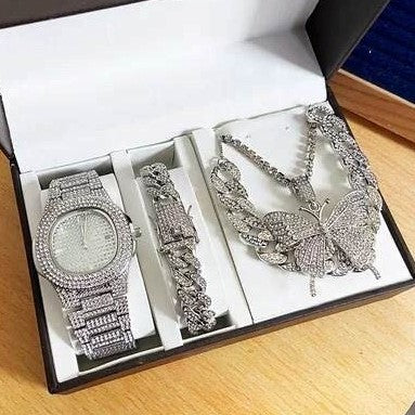 Conjunto Plateado: "Reloj, Collar, Pulsera, Cadena Mariposa"